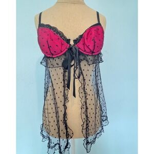 Victoria Secret Sheer Lace Babydoll Lingerie 34B Black Pink